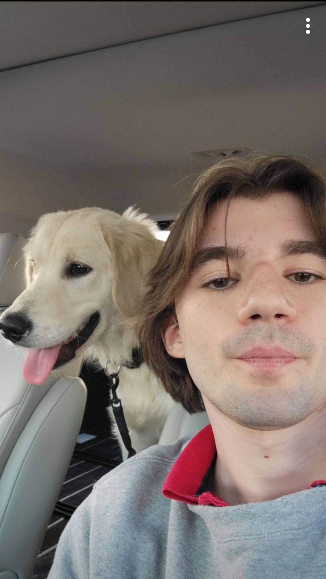 Volodya and Jinx the golden retriever in the car.